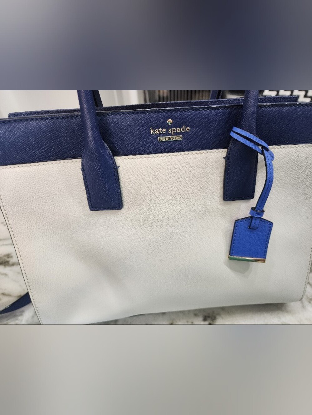 kate spade White and Navy Saffiano Leather Tote